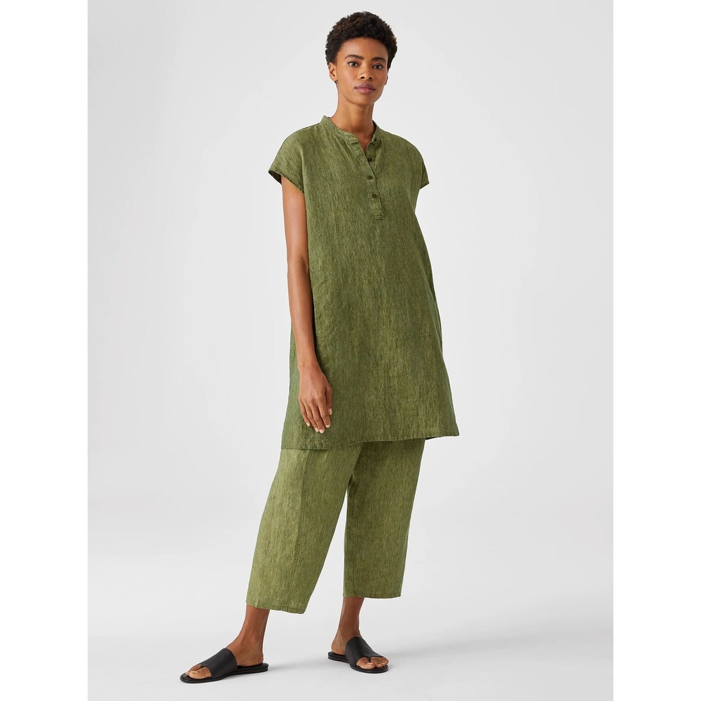 Eileen Fisher Organic Linen Delave Shirtdress Set Size L Green Button Tunic Pant